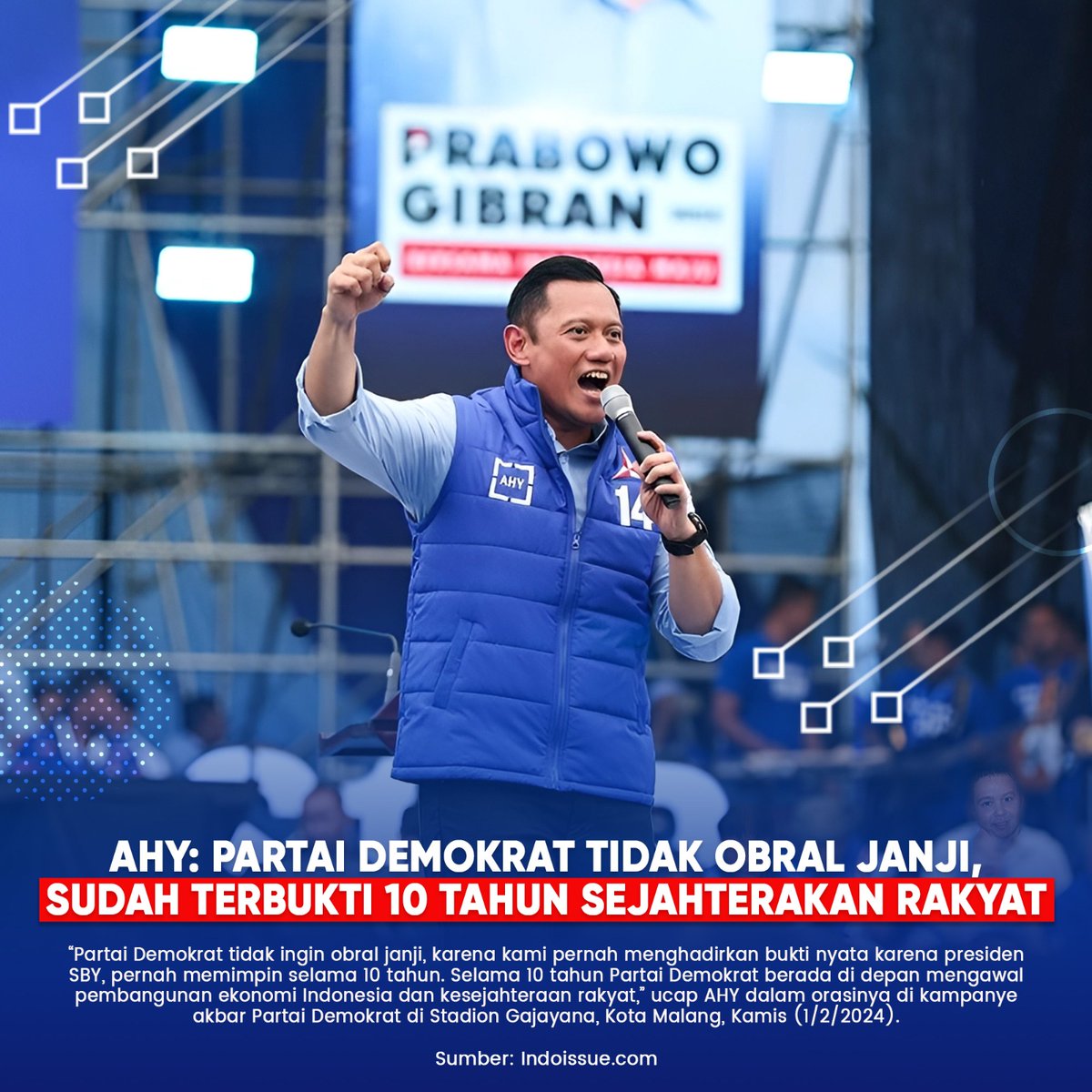 RyanKamil5's tweet photo. AHY: Partai Demokrat tidak obral janji, sudah terbukti 10 tahun sejahterakan rakyat

#DemokratPilihanRakyat

https://t.co/dMjMhwG3Ua