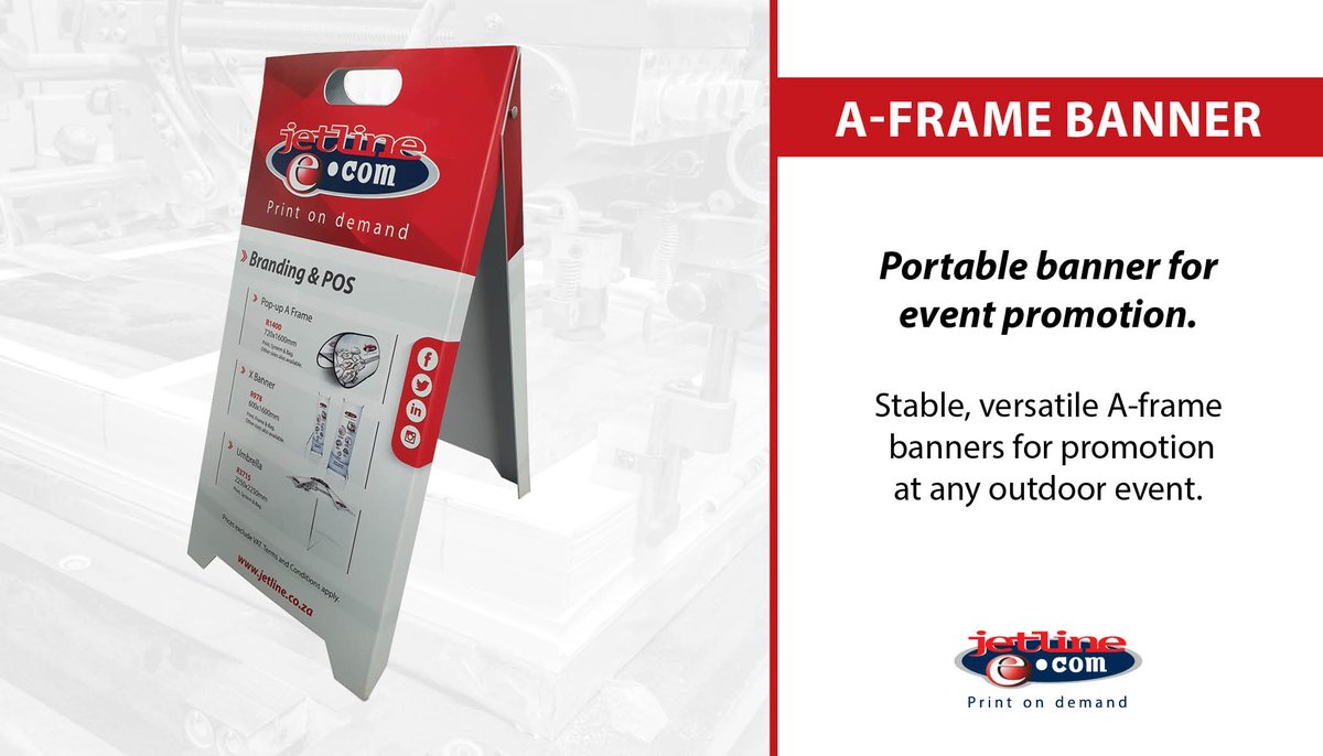 JetlinePrint's tweet image. Bring your promotion outdoors with stable, versatile Jetline A-frame banners! 🌟 

Form more banners and signs 🔗 jetline.co.za/service-catego…

#EventPromotion #OutdoorAdvertising