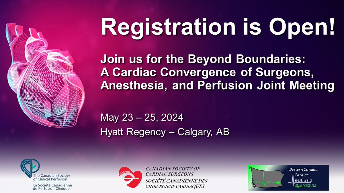 Registration is open for the 'Beyond Boundaries: A Cardiac Convergence of Surgeons, Anesthesia, and Perfusion” Meeting! Join us for the Joint Meeting of @cscp_online, @cscs_sccc and WCCAS. Register now! cscp.ca/events/regiona… #heartsurgery #cardiacsurgery #perfusion #anesthesia