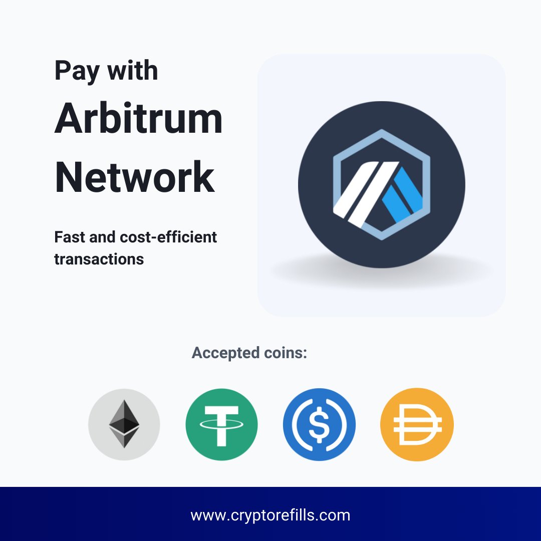 Cryptorefills's tweet image. Over the years, #Cryptorefills and #Arbitrum have expanded their payment choices and are now taking USDT, USDC, ETH, and DAI - allowing users to enjoy fast and cost-efficient transactions.