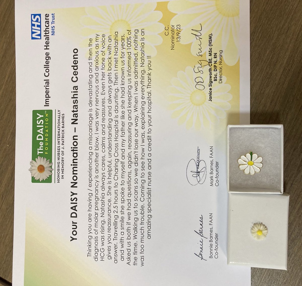 Honoured to see CNS Tash receive her Daisy Award yesterday having been nominated by a patient for outstanding care. Well done Tash! 🎉 GTD CNS Team ⁦@ImperialPeople⁩ #CNSValue