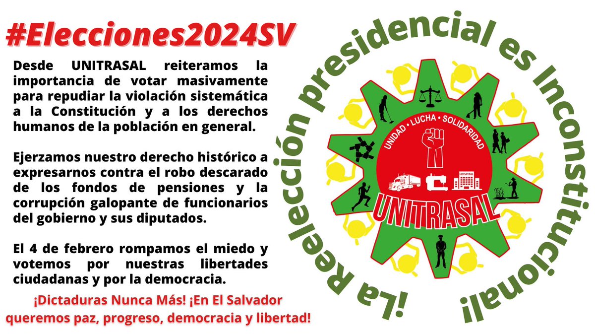 jupatraes's tweet photo. #ElSalvador desde #UNITRASAL hacemos el llamado a votar masivamente mostrando el rechazo popular al régimen que viola la Constitución y los derechos humanos, mientras enriquece a sus servidores. ¡Queremos paz, progreso, democracia y libertad! #DictadurasNuncaMás #Elecciones2024SV https://t.co/pe4IrRc5ny