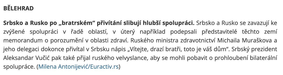 Mimo jiné v dnešních #TheCapitals:

„Vítejte, drazí bratři, toto je váš dům“. Tak přivítalo Srbsko ruského ministra. 

Celé dnešní CZ vydání tady: bit.ly/3vZc6ST