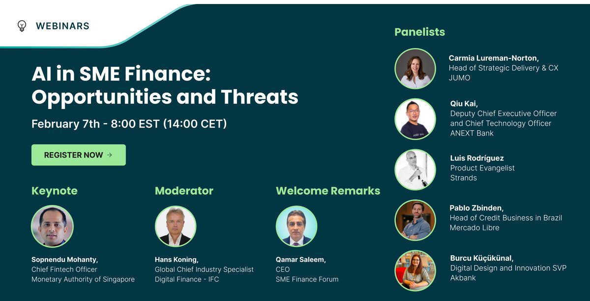 Strands's tweet image. 📟 [WEBINAR] #AI in SME Finance
✅Customization, Risk Management, Transparency &amp;amp; Scaling
✅Bias, Data Privacy, Data Security &amp;amp; Compliance
👉Register: bit.ly/AI-SME-Finance
Experts from @MAS_sg @JUMO_WORLD ANEXT Bank @Strands @Mercadolibre @Akbank @IFC_org @SMEFinanceForum