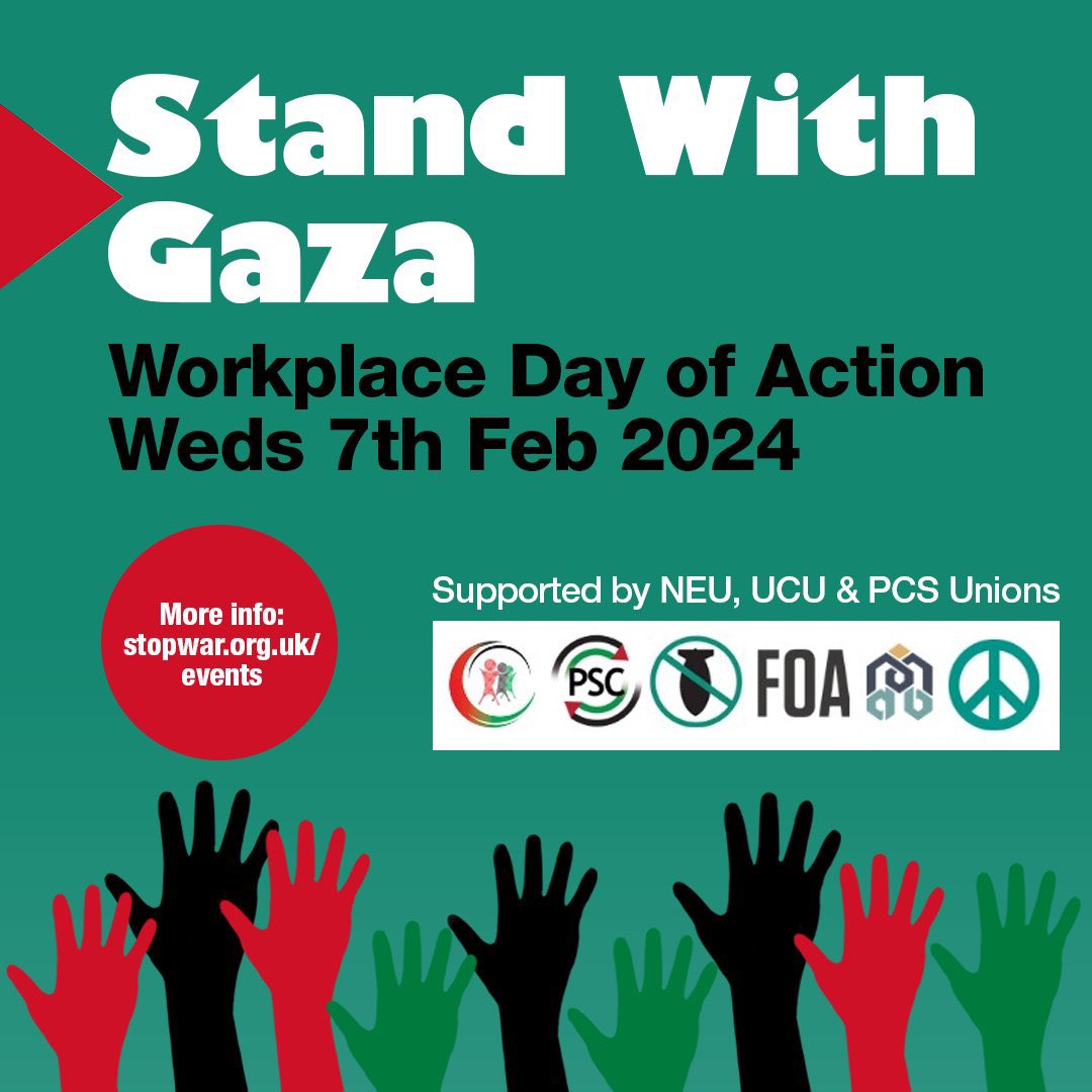 Good morning university and college workers across the UK! Is your branch standing with Gaza and organising a walk out or a protest next Wednesday 7 Feb - @STWuk workplace day of action? Please let us know 👇🏼 or tag us in your tweets! #StandWithGaza #StopGenocideGaza @ucu