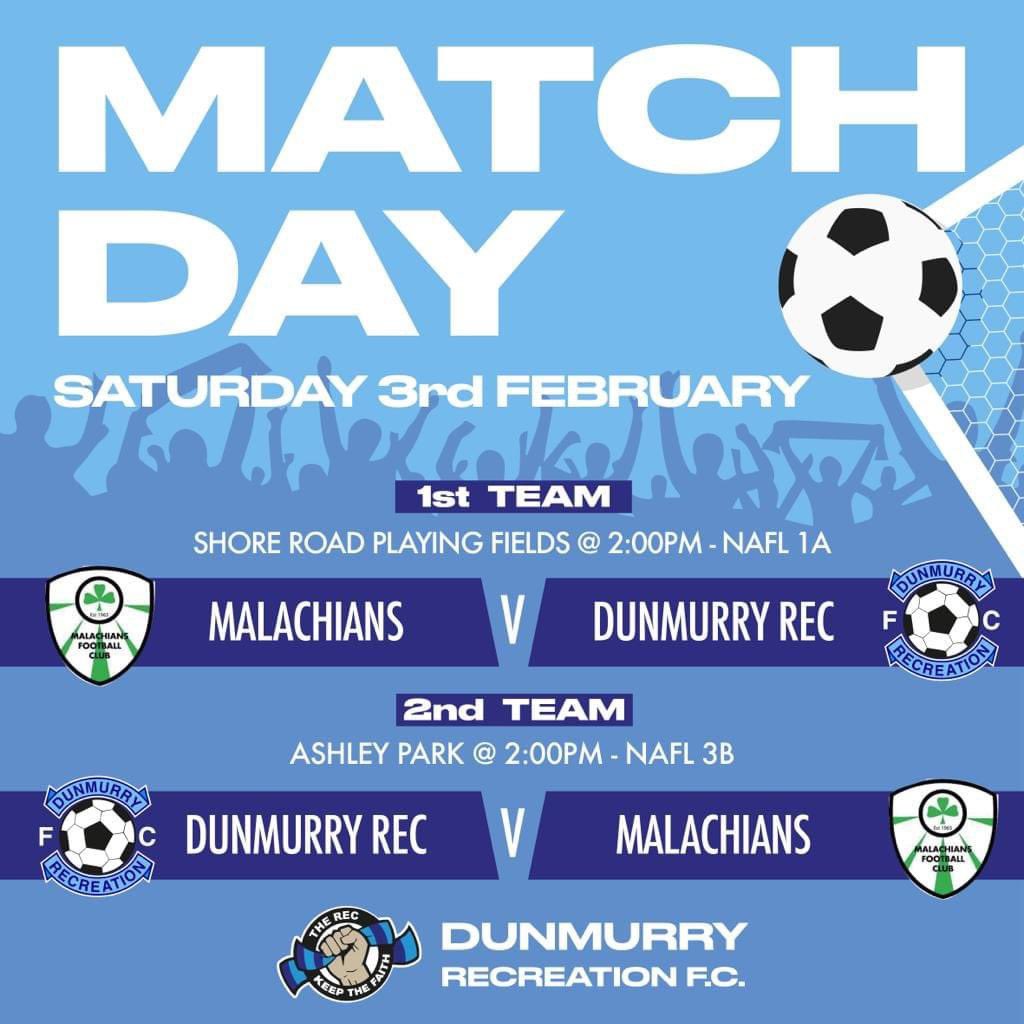 Dunmurry Rec FC (@dunmurryrec) on Twitter photo ⚽️REC SATURDAYS⚽️
A double header this week as both teams take on <a href="/malachians_fc/">Malachians FC</a>.
The 1st team will be looking to follow up on last week's superb display & win with another strong performance, while the 2nds know it is a crunch match in 3B.
All support welcome at both games! ⚽️REC SATURDAYS⚽️
A double header this week as both teams take on <a href="/malachians_fc/">Malachians FC</a>.
The 1st team will be looking to follow up on last week's superb display & win with another strong performance, while the 2nds know it is a crunch match in 3B.
All support welcome at both games!