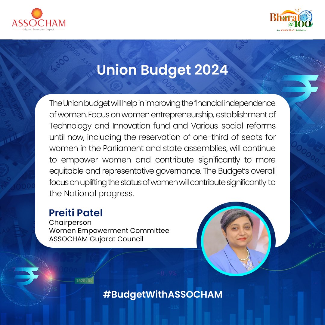 Here's what Preiti Patel, Chairperson, Women Empowerment Committee, #ASSOCHAM Gujarat Council has to say about the fiscal implications of the #UnionBudget2024 on #Indian women.

#BudgetWithASSOCHAM #InterimBudget