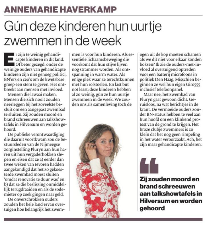 En weer gaat er een aangepast zwembad dicht waar gehandicapte kinderen zwemmen. Reden: geld. We moeten ons als samenleving de ogen uit de kop schamen.