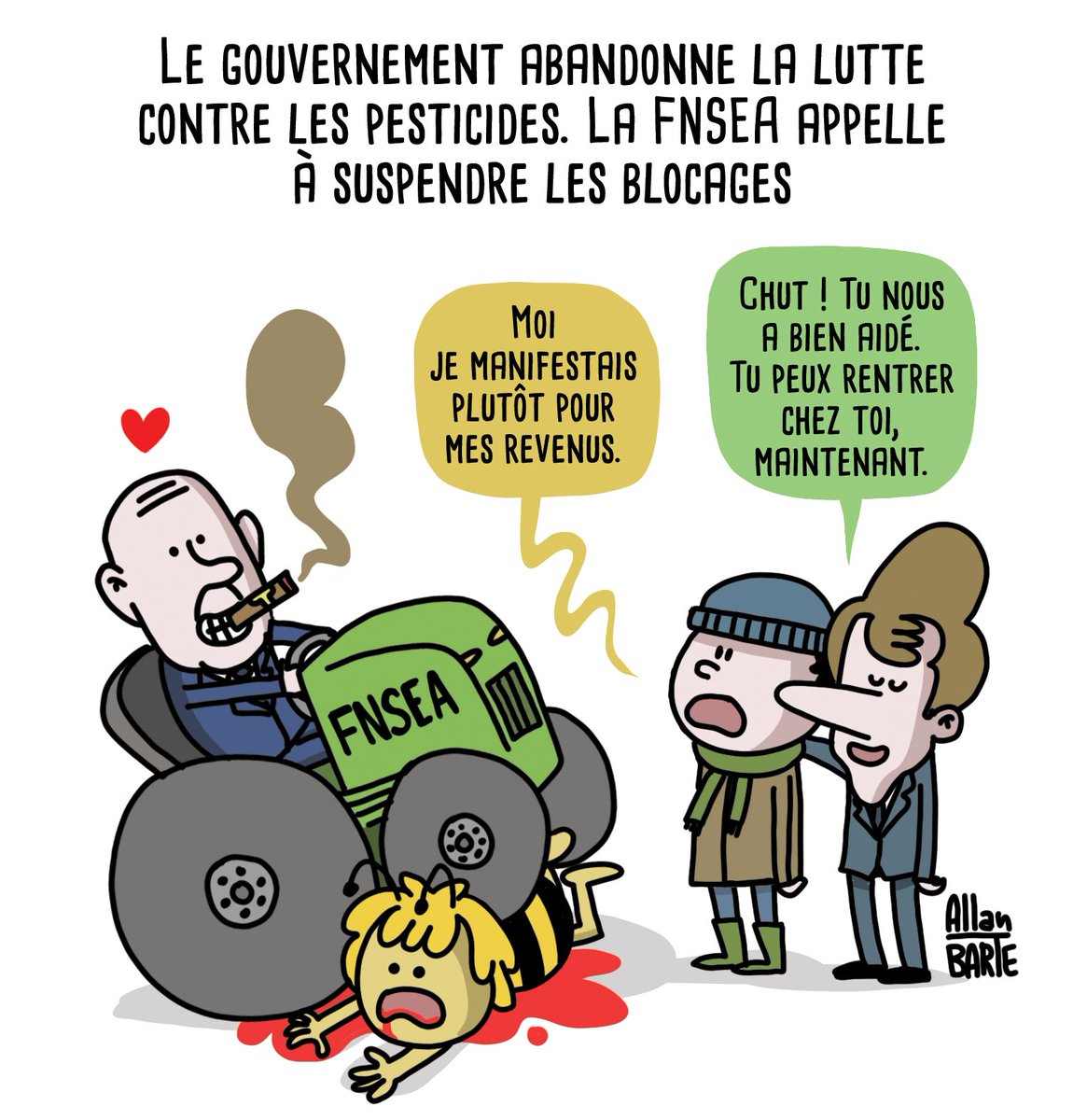 Bref la FNSEA et les JA ont obtenu :
- le maintien d'une niche fiscale en faveur des énergies fossiles (GNR détaxé)
- le maintien de l'utilisation à gogo des pesticides (plan Ecophyto mis en pause)

Le quinquennat sera écologique ou ne sera pas.

#AgriculteursEnColeres
