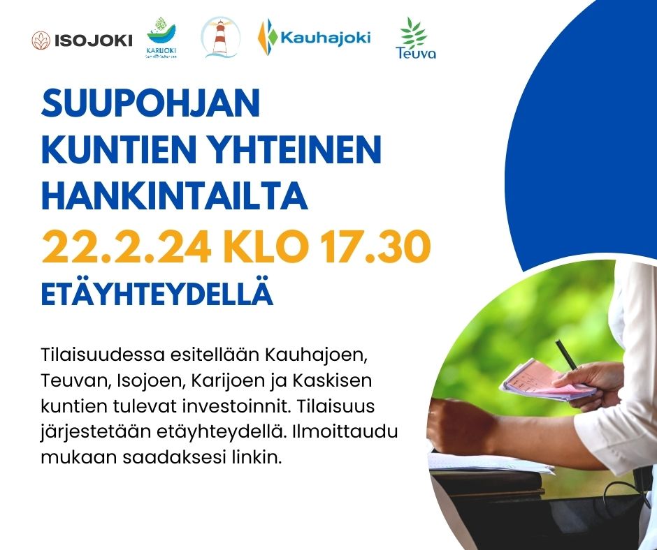 Yrittäjä, tule mukaan kuulemaan tietoa kuntien hankinnoista! Ilmoittaudu mukaan kuntien yhteiseen hankintailtaan, joka järjestetään 22.2.24 klo 17.30 Teams:ssä. Tilaisuudessa kunnat kertovat v. 2024 hankinnoistaan.

Ilmoittautuminen: teak-lv.creamailer.fi/survey/idvsmz7…

#teuva #suupohja