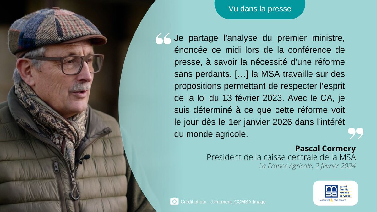 [Presse] Le Président de la CCMSA <a href="/cormery_pascal/">cormery pascal</a> réagit au rapport relatif à la réforme des #retraites dite des « 25 meilleures années » et aux déclarations de <a href="/GabrielAttal/">Gabriel Attal</a>, le Premier ministre. 
A lire dans <a href="/FranceAgricole/">La France Agricole</a> ➡️shorturl.at/sY469