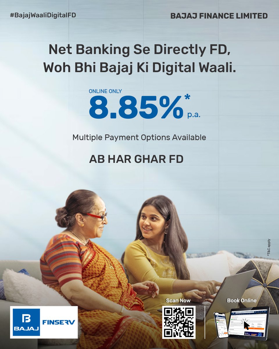 Ab Net Banking ke saath easily kare Bajaj Waali Digital FD!

Senior citizens ke liye 8.85% p.a.* aur baaki sab ke liye 8.60% p.a.* par, 42 months ke guaranteed tenure pe.

Aaj hi visit karein humare website ya app ko: bit.ly/BajajWaaliDigi…