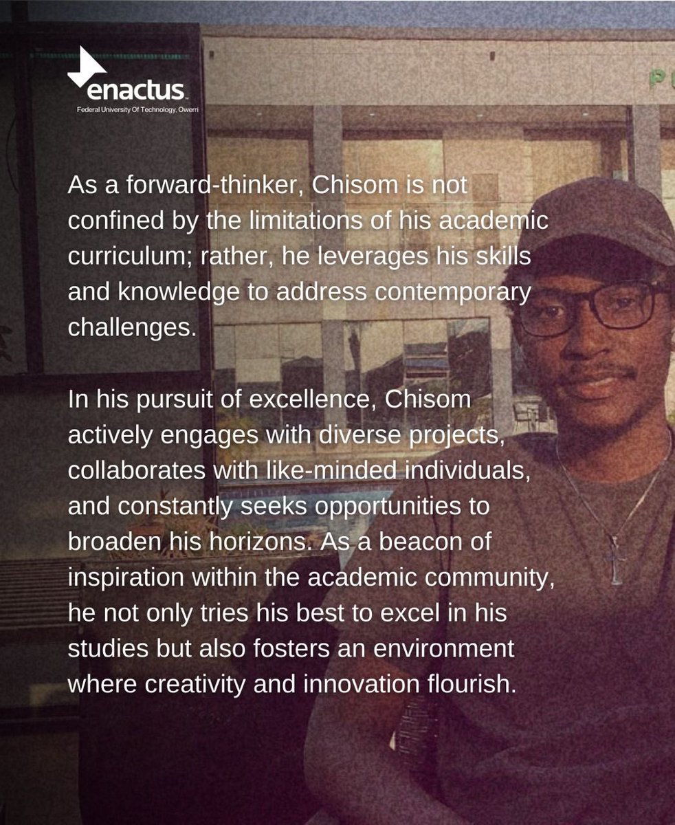Enactus_FUTO's tweet photo. Enactus Futo Member Spotlight:
Meet CHISOM - Member, Enactus FUTO
#enactusng #memberspotlight #enactus #enactusproject #member #engineer #instagram #instadaily #explore #enactuscares https://t.co/gbNw0Jhz4n