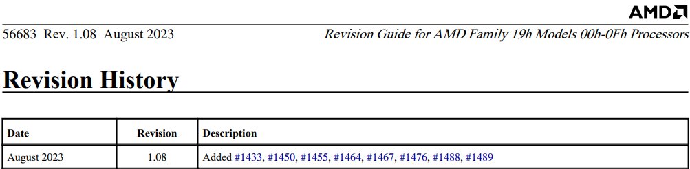 InstLatX64's tweet photo. #AMD published the "Revision Guide for AMD Family 19h Models 00h-0Fh Processors" 56683 v1.08 pdf:
https://t.co/FpsI3azxoh
#Zen3 #Milan #Genesis https://t.co/9O2xNzkjnW