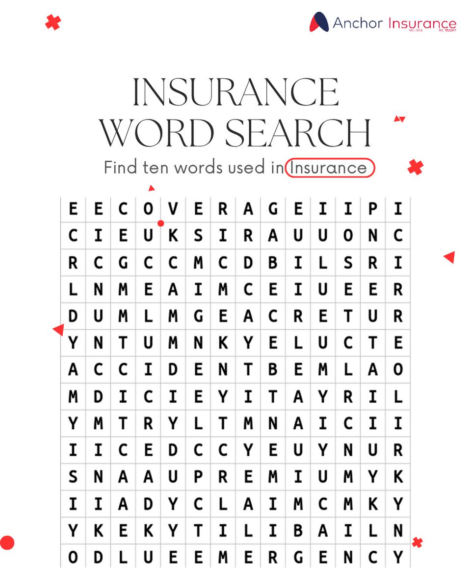InsuredByAnchor's tweet photo. Itβs Friday, letβs have a bit of fun! Find ten words that are used in Insurance and list them out.
#wordsearch #insurance #engange https://t.co/roU9GZK3BT