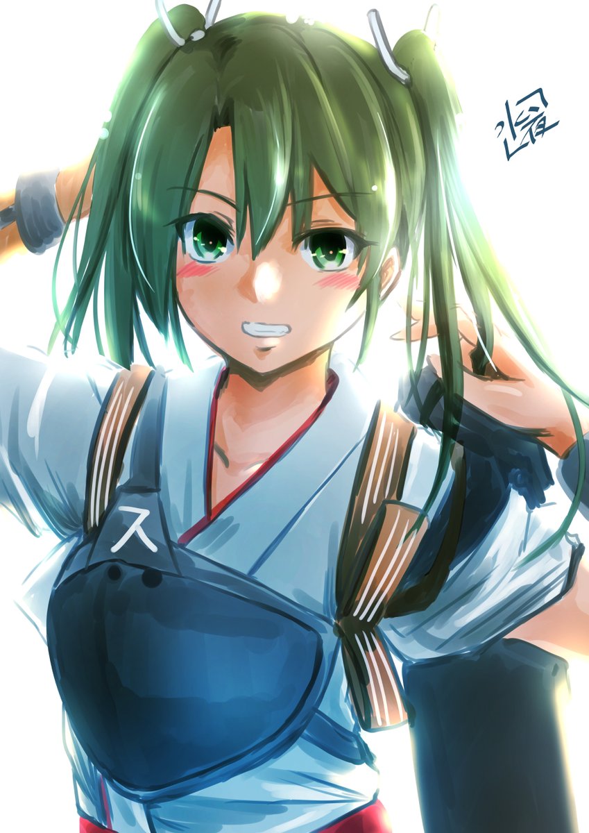 zuikaku (kancolle) 1girl solo japanese clothes green eyes muneate twintails smile  illustration images