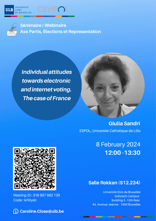 @SandriGiulia will be at @SciencePoULB / CEVIPOL next week, talking about French attitudes towards 📧electronic and 💻internet #vote 🗳️ 📅 8 Feb 2024 🕓 12:00-13:30 UTC+1 📍At ULB & online Find out more ➡️ tinyurl.com/337vxcka