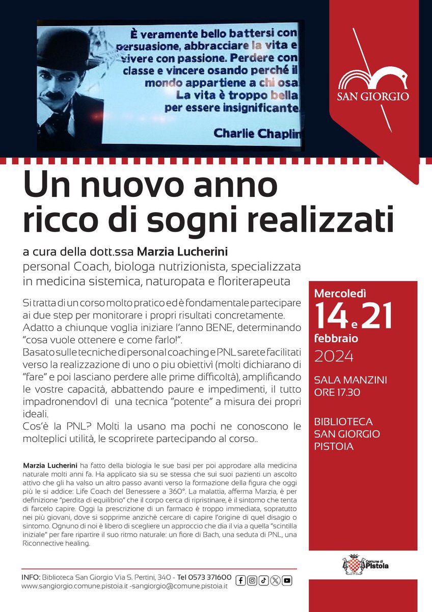 Giovedì 14 e 21 febbraio 2024, alle ore 17.30 in Sala Manzini, la San Giorgio ospita il corso Un nuovo anno ricco di sogni realizzati, a cura della dott.ssa Marzia Lucherini