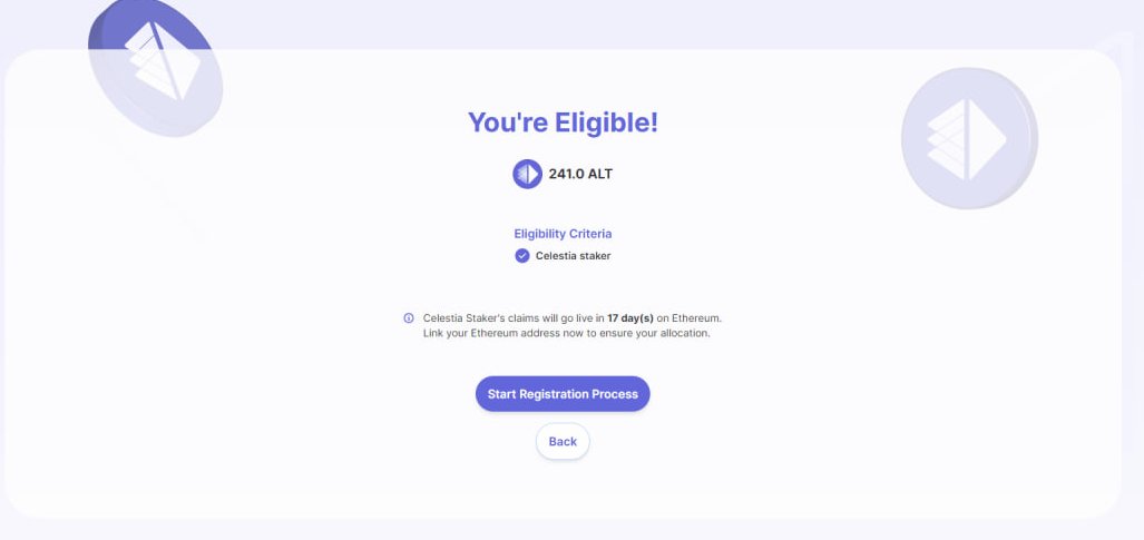 GM $TIA stakers! 

Now you can check your $ALT Airdrop for @CelestiaOrg  😋

🔸 Min 35 $TIA on stake before Jan 17

You need register your EVM wallet below 👇