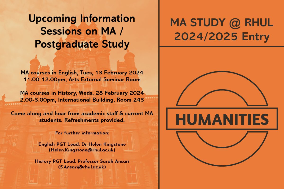 @RHULEnglish & @RHULhistory are teaming up to provide information on MA courses and Postgraduate Study at @royalholloway. Contact Prof. Ansari (S.Ansari@rhul.ac.uk) for further information #History #rhul #english