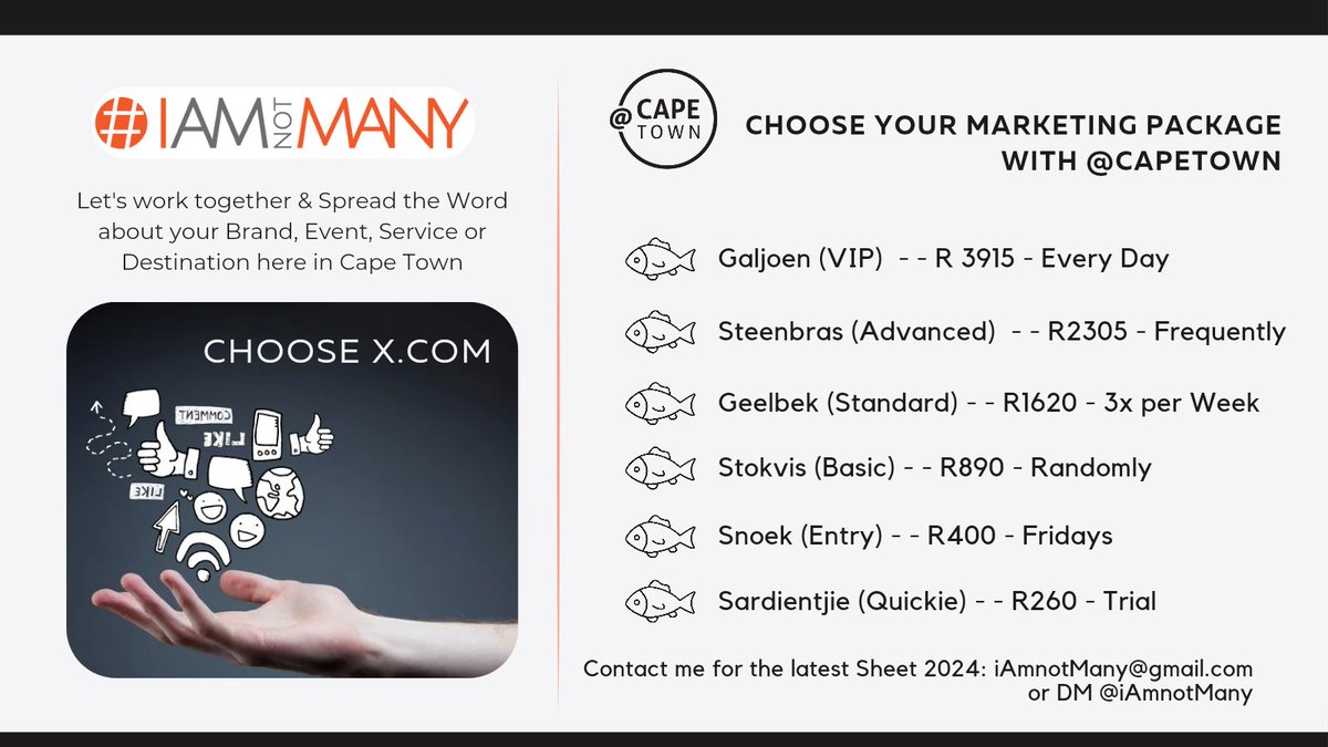 Calling Marketing Managers in Cape Town: Let's work together & use the best features of X to get your message in front of @CapeTown Followers (84% South African) NOW Available - Latest Fees Sheet from FEB 1st: Packages: 🐠 Galjoen (VIP) < R3915 🐠 Steenbras < R2305 🐠 Geelbek…