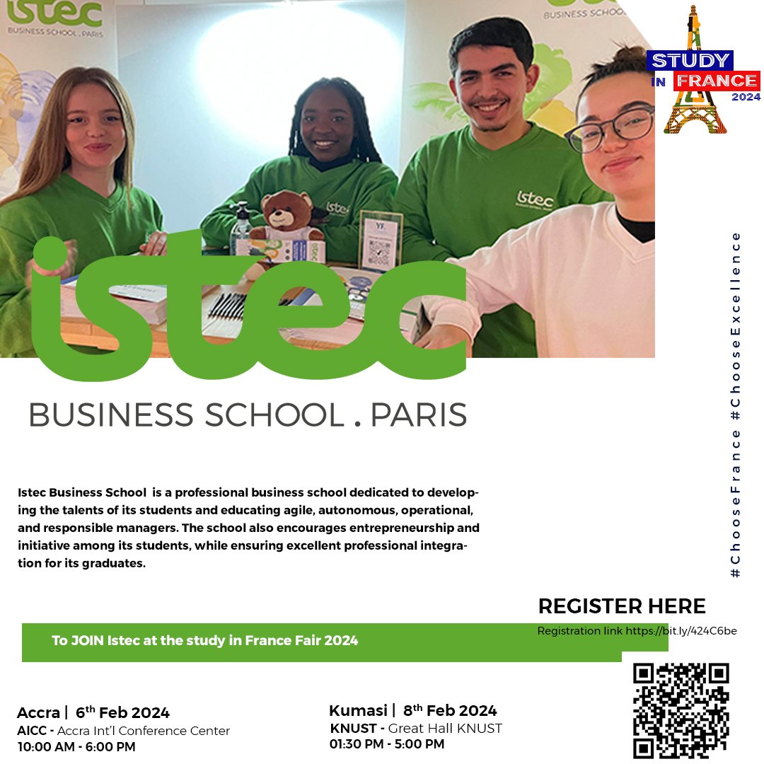 2/3
 
Come join CESI, IESEG, Institut Mines-Télécom, ESCP Business School, IMT Atlantique, Eklore-ed School of Management, and ISTEC Business School at the Study in France Fair 2024! 

#HigherEducation #StudyInFrance2024 #EducationFair #yourfutureinfrance