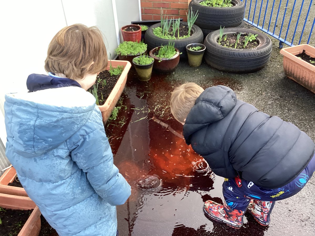 StBellarmine's tweet image. Some of the Reception children mixed the colours using powder paint and puddles. Lots of awe and wonder as they watched what was happening. #colourmixing #puddlefun