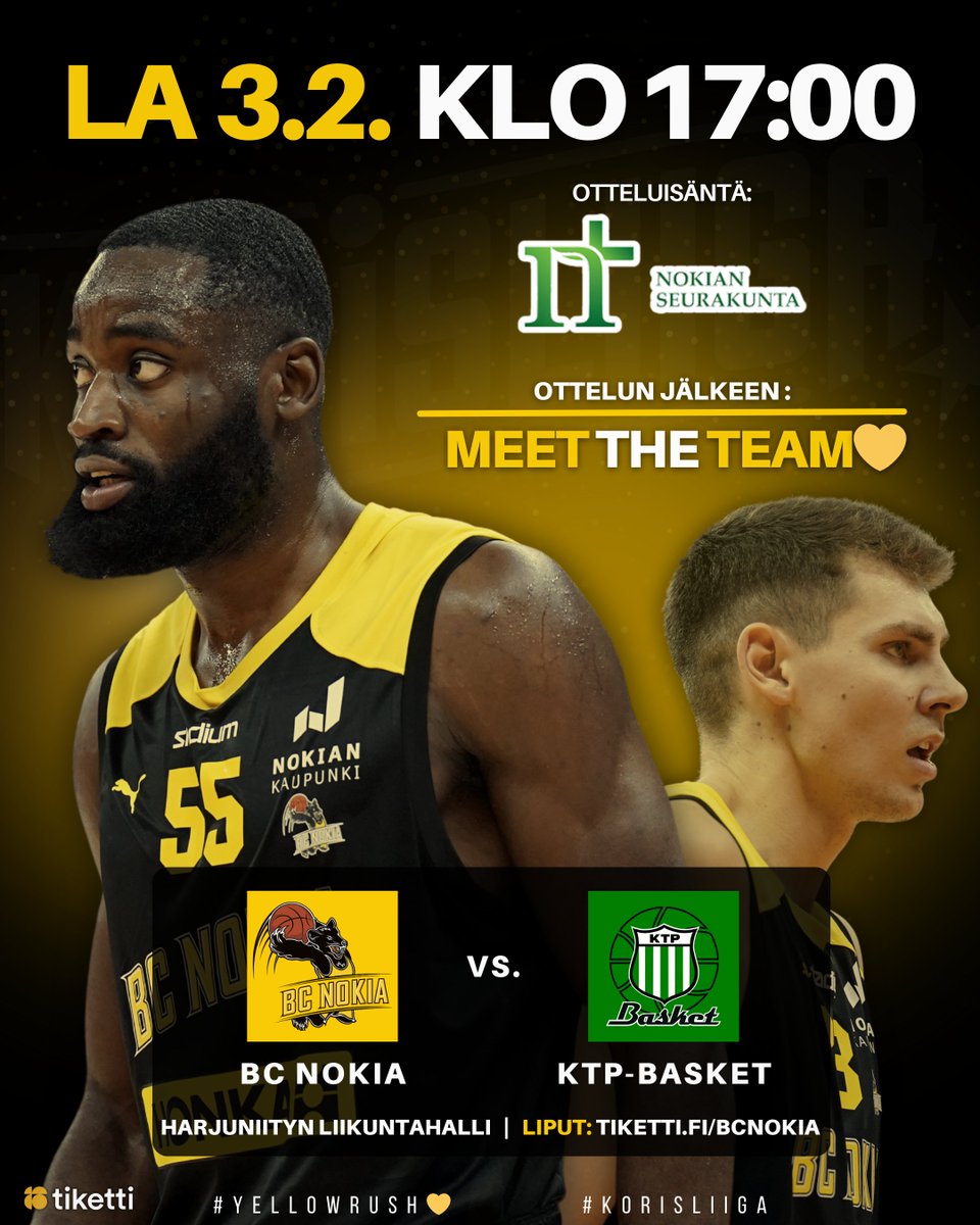 BCNokia's tweet photo. Huomenna pelataan kotiluolassa runkosarjan viimeinen kotiottelu!
Otteluisäntänä: Nokian seurakunta
⚔️ : BC Nokia vs. KTP-Basket
📆 : La 3.2. klo 17:00
🏟️ : Harjuniityn liikuntahalli
🎟️ : https://t.co/5Sj2TMtpMw
#Yellowrush💛 #Korisliiga #Visitnokia https://t.co/vfpMscoJSn