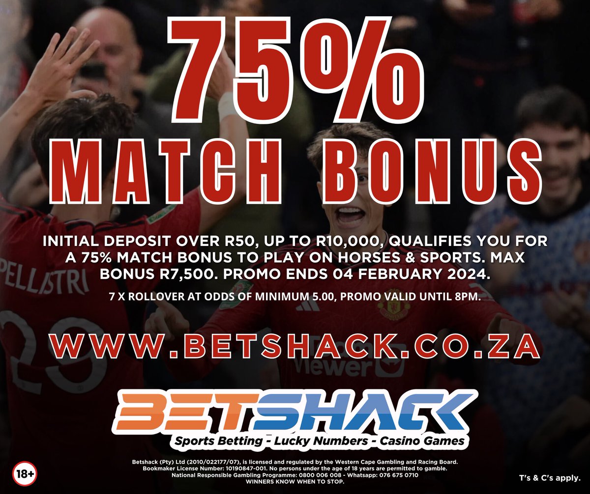 Betshack1's tweet photo. 75% Match Bonus To Play On Sports &amp; Horses This Weekend 🤑 ⚽️ 🏇

Make a deposit over R50, up to R10,000 &amp; get 75% Match Bonus 💸💰

Place your bets now - https://t.co/D1ICSUmSvC

Valid until 04 February 2024, 8pm, 7 x rollover at odds of 5.00, contact support to claim, t’s &amp; c’s https://t.co/QcuanXVuSN