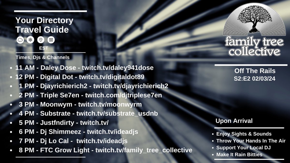 Happy Friday FAM!
The weekend is almost here! And we'll be playing a double header on Saturday!
In addition to the Shuffle, we are honored to be playing a spot on OFF THE RAILS organized by the Family Tree Collective !
These shows are always great vibes and great music!