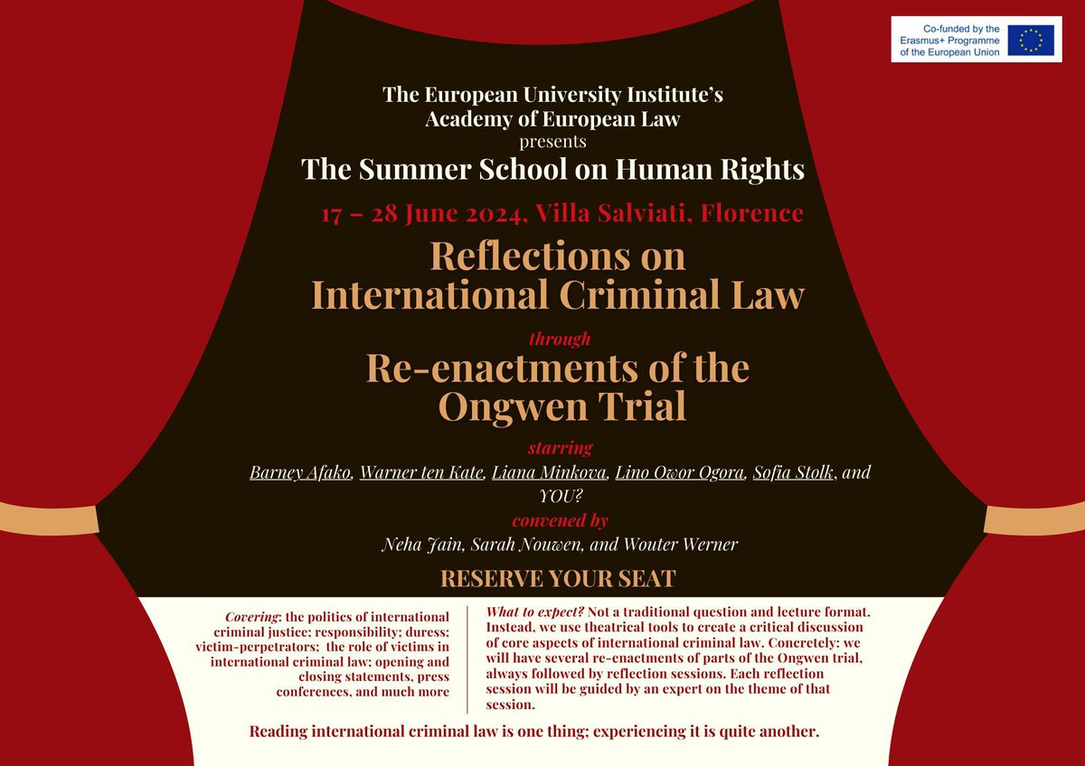 Want to learn international criminal law differently? Apply now for this unique @EUI_EU and @eui_law summercourse, where we will study international criminal law through re-enactments. eui.eu/apply?id=ael-s…