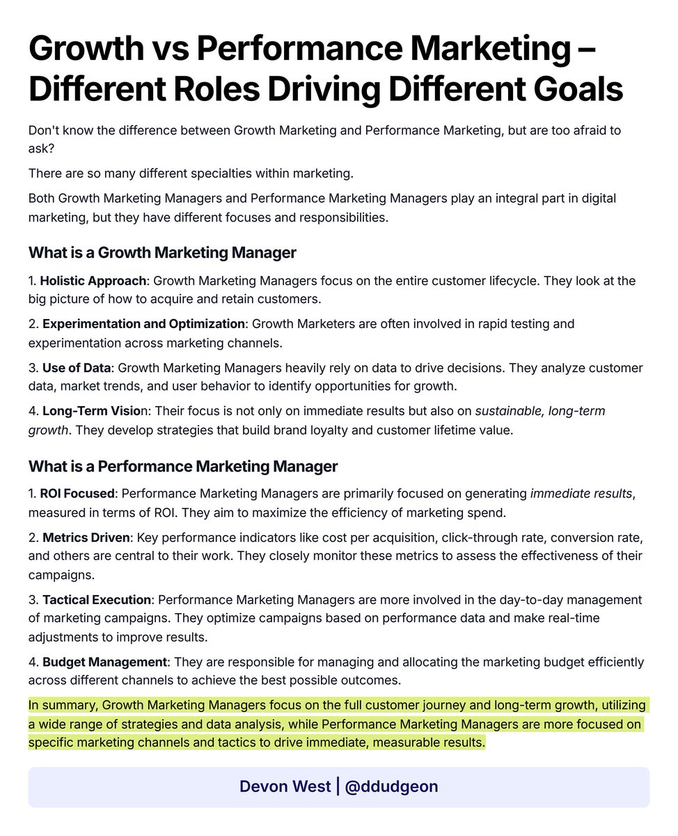 ddudgeon's tweet photo. Remember when companies were hiring “Growth Hackers”? It can be hard to keep track of all of the terms used within marketing. Here’s an explainer on the role of a Growth Marketer vs a Performance Marketer.

What would you change or add? https://t.co/240qagYFlk