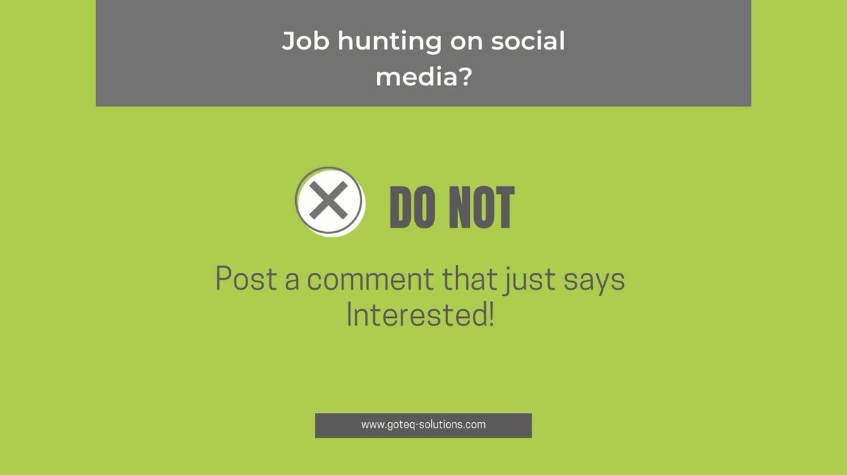 goteqsolutions's tweet image. 🚫 What NOT to do if you’re job hunting on social media. 🚫

Don’t post ‘interested’ in the comments. 

We see it all the time but is this approach going to land you a job? NO. 

Instead, tell the potential employer or recruiter why you&apos;re a fit. 

#JobHunting #JobSeekerTips