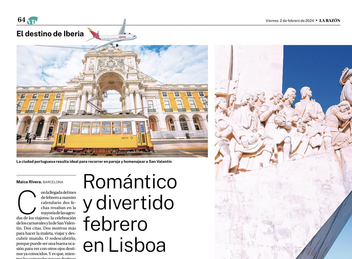 Con la llegada de febrero tenemos dos «citas», dos motivos más para #viajar 😊: #SanValentín y los #carnavales. Hoy, en @larazon_es , ¡propongo ✍️ #Lisboa para un romántico y divertido febrero! *En kioscos de prensa 📰, y en digital: ➡️ larazon.es/viajes/romanti… #Portugal 🇵🇹