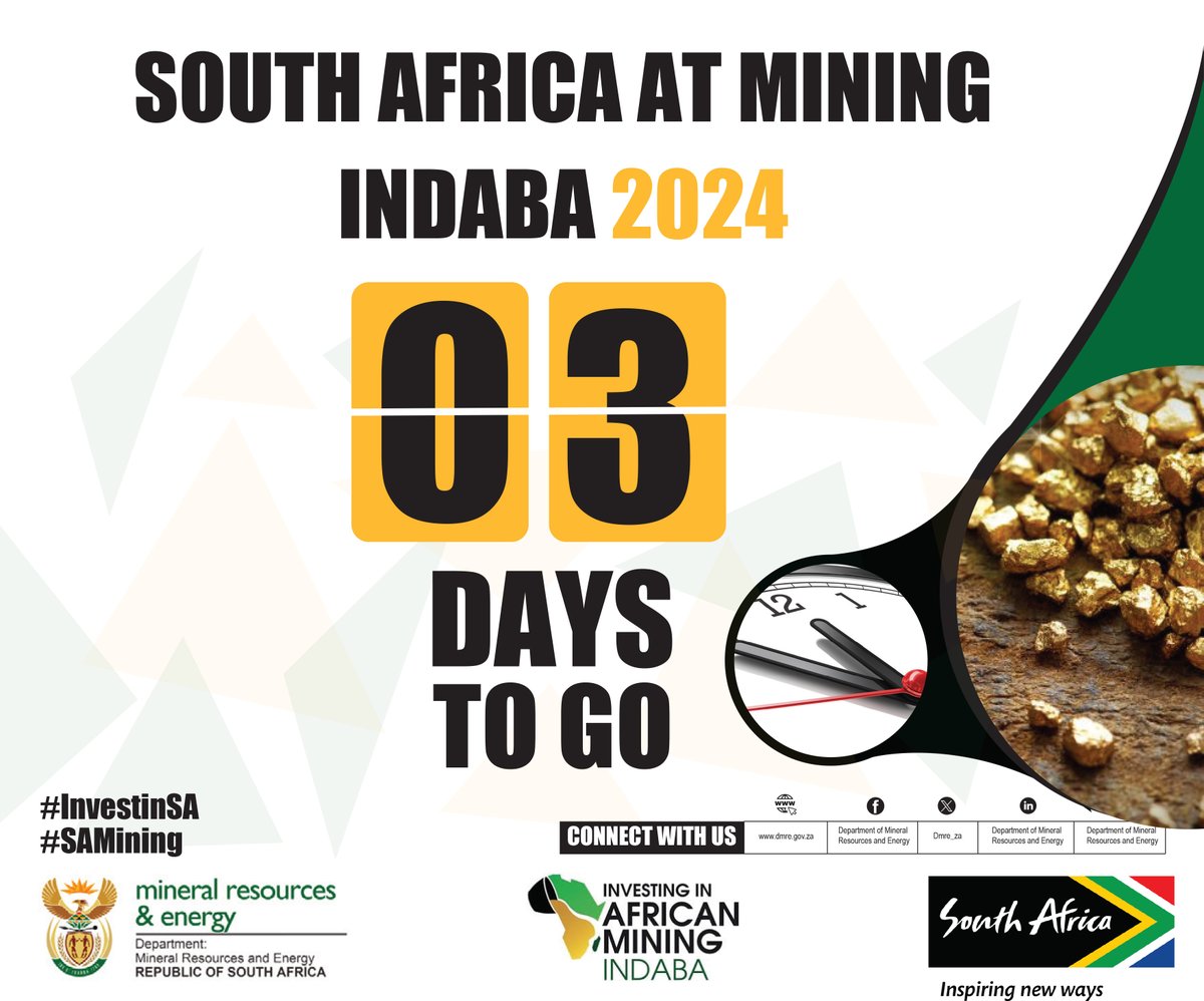 DMPR_ZA's tweet image. South Africa will participate at the 2024 Investing in African Mining Indaba to be convened under the theme “Embracing the power of positive disruption: A bold new future for African mining,” at the Cape Town  @CTICC_Official 

#InvestInSA | #SAMining | #SAatTheMiningIndaba2024