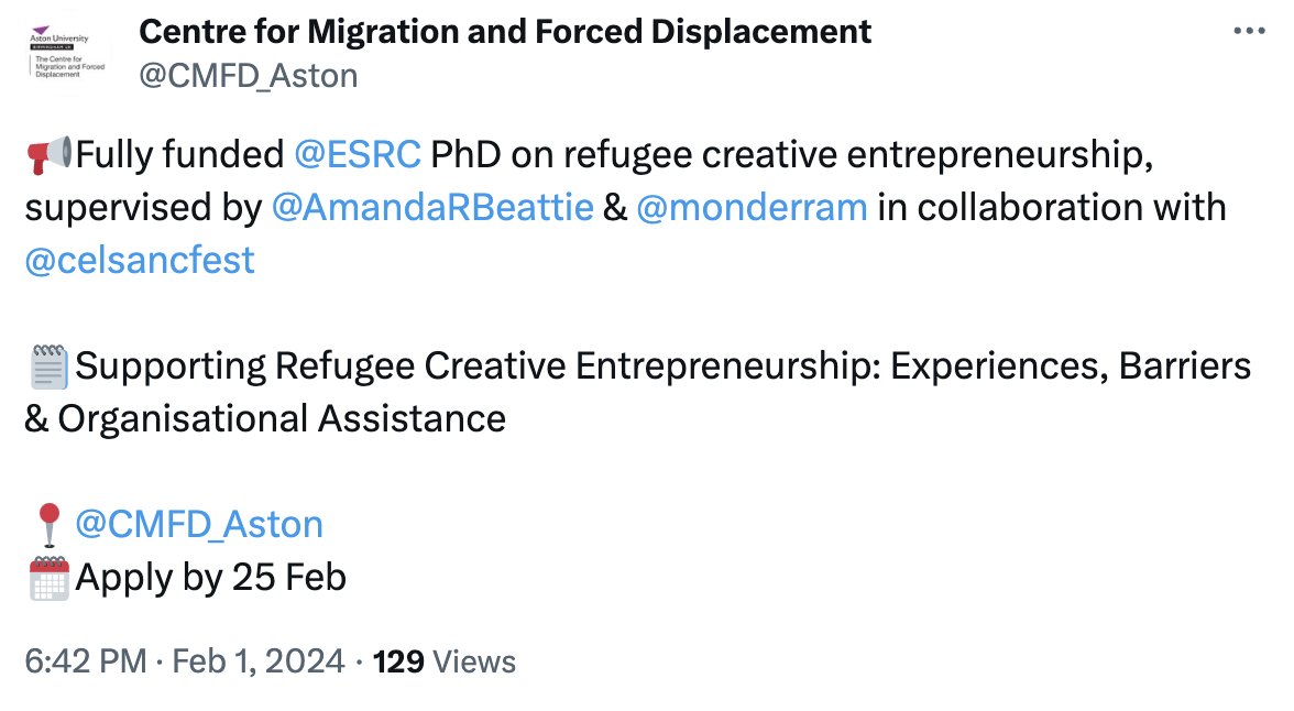 Two exciting ESRC #PhD collaborative studentships at @AstonUniversity to work with my truly great colleagues @J_Obradovic_W and @AmandaRBeattie 1) Reporting Violence at the #Border jobs.ac.uk/job/DFQ711/phd… 2) Supporting #Refugee Creative Entrepreneurship jobs.ac.uk/job/DFS016/esr…