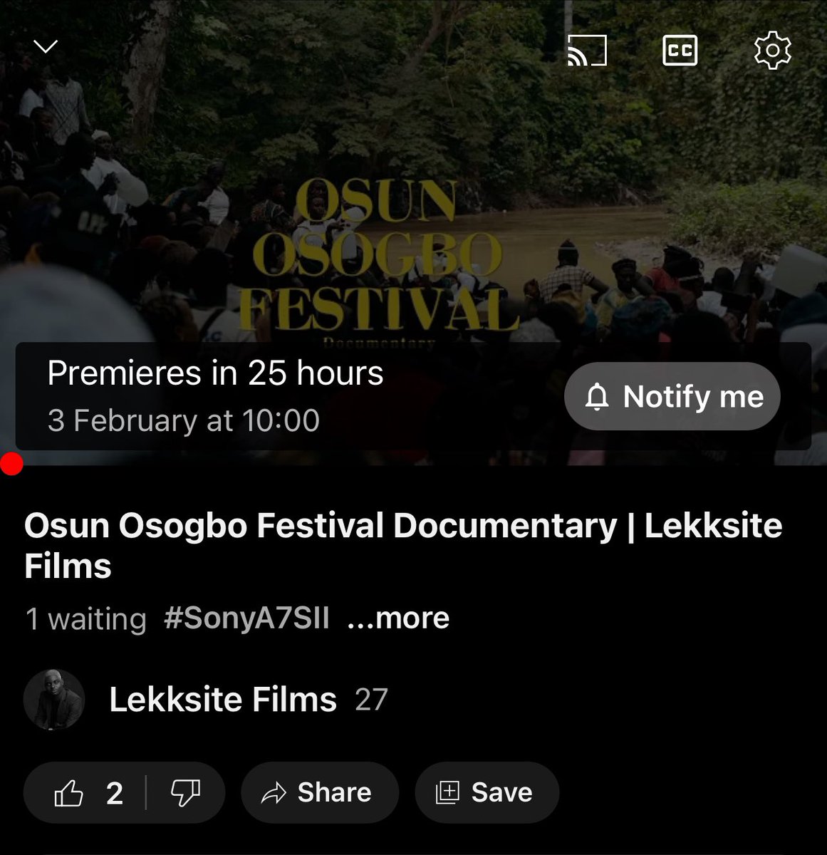 Tomorrow 10AM - Osun Osogbo Festival Documentary 

Subscribe to my YouTube Channel 

youtu.be/VWUQ5Hl-jzk?si…

#osun #osunosogbofestival #osunosogbo #osunstate #osogbo #osunosogbofestivaldocumentary #lekksite #festivalinnigeria #sonyfootage  #sonya7sii #sonya7rii