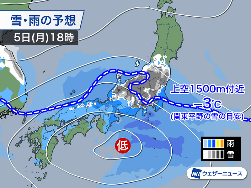 wni_jp's tweet photo. ＜東京都内など平野部も積雪の可能性＞
来週5日(月)は南岸低気圧の通過により、関東の平野部で雪の所が多くなるとみられます。
夕方以降は広い範囲で積雪の可能性があり、今後の情報に注意が必要です。
https://t.co/GKJv8PNT3l https://t.co/1ljBSk27vJ