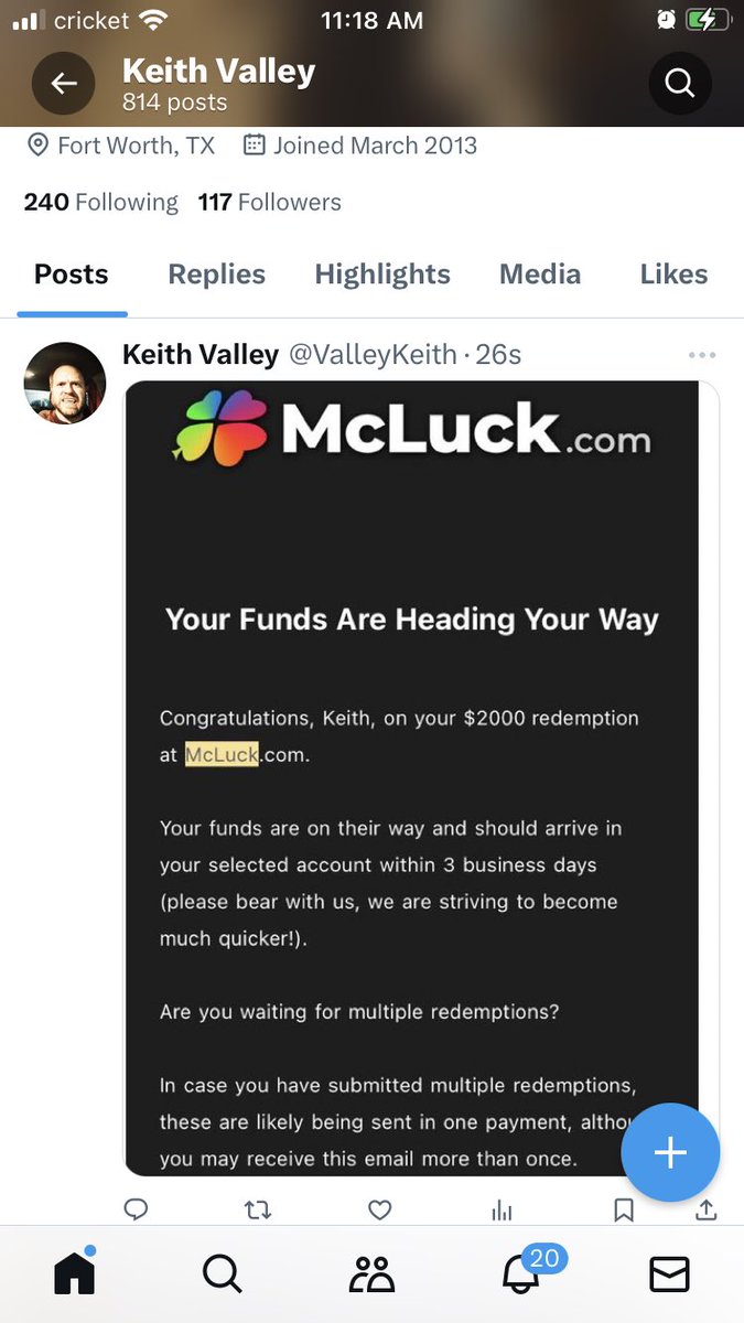 ValleyKeith's tweet photo. @McLuckOfficial 

Here’s my winning moment. I just can’t get Mcluck to honor their part. You owe me SC20. I followed the instructions so please don’t tell me what I need to do. I’ve already done it. Twice.

My account ID is 825257479 https://t.co/Q4Y4HSsaPs