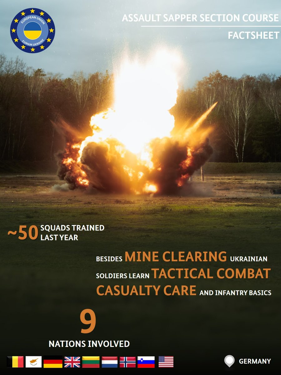 STC_EUMAM_UA's tweet photo. Assault Sappers: in the #UkraineWar they risk their lives to clear the frontline of mines laid by Russian Forces - an essential step to enable offensive operations. During the #EUMAM training 🇺🇦 soldiers are prepared for their dangerous task by our experienced multinational instructors.

#StandWithUkraine