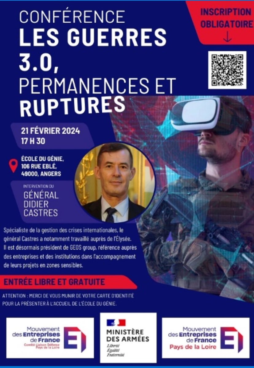 🛎️ C’est le 21 février à <a href="/ecolegenie49/">École du génie</a> à Angers et il suffit de s’inscrire : docs.google.com/forms/d/e/1FAI… 
Un événement organisé par le Comité Liaison Défense du <a href="/MedefPDL/">Mouvement des Entreprises de France #Paysdelaloire</a> et <a href="/Armees_Gouv/">Ministère des Armées et des Anciens combattants</a> 🇫🇷 cc <a href="/Samueltual/">Tual Samuel</a> <a href="/PatrickMartin_1/">Patrick Martin</a> <a href="/medef/">Mouvement des Entreprises de France</a> <a href="/GillesDauxerre/">Gilles DAUXERRE</a> <a href="/AnthonyBouju/">Anthony Bouju</a>