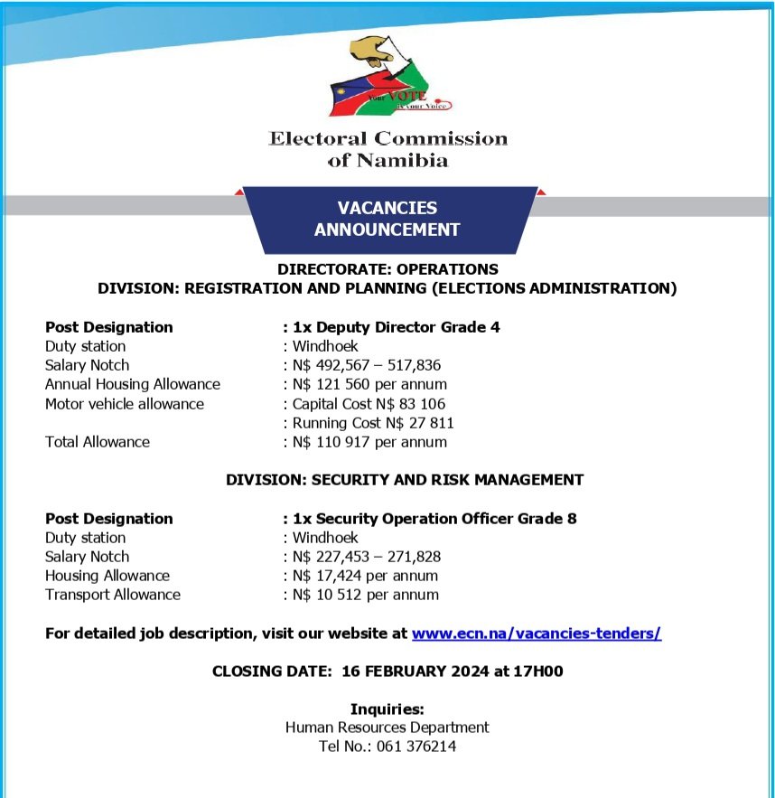 We are hiring
For detailed job description, visit our website at ecn.na/vacancies-tend…