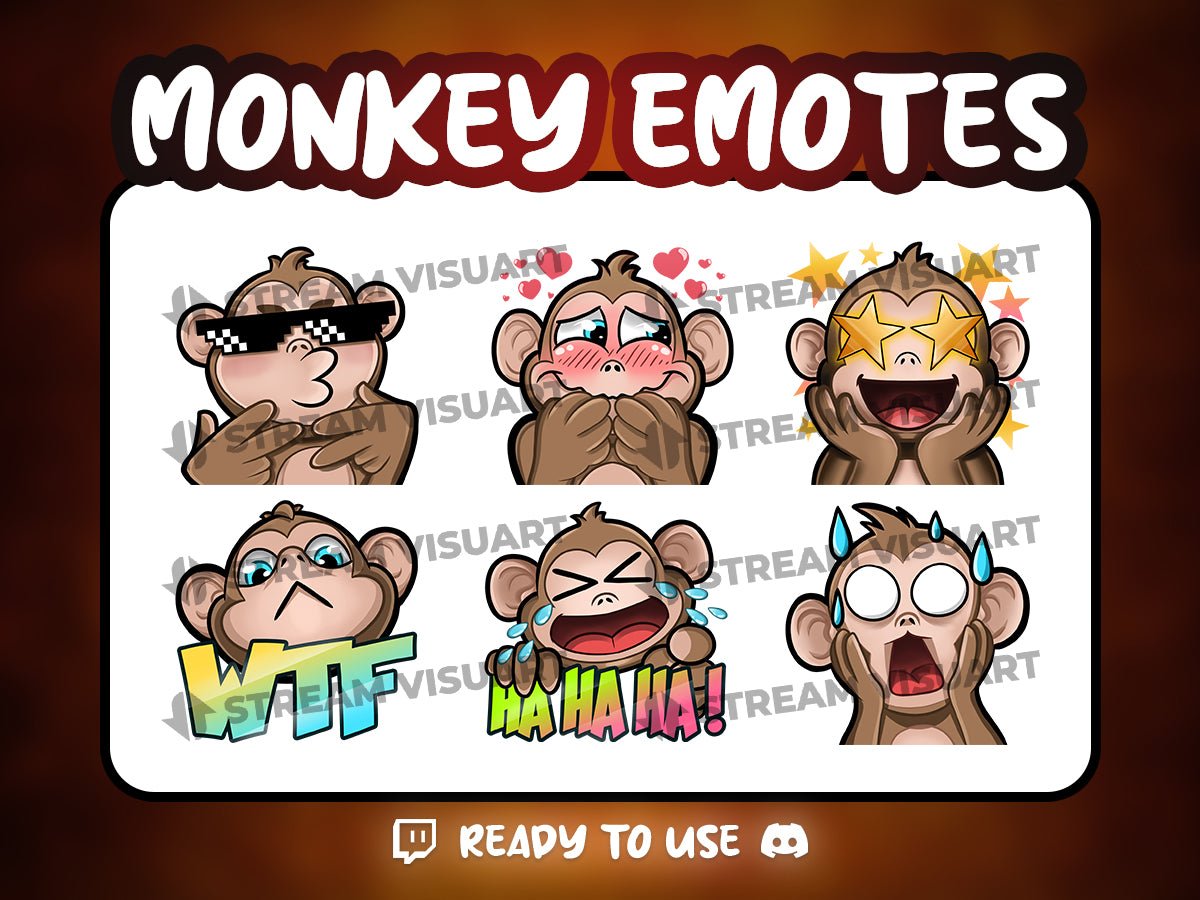 Unleash your wild side with our Monkey Emotes 6-Pack 🐒! Perfect for Twitch, Facebook and Youtube Streaming or Discord chats. Instant download and easy to use. Only at Streamers Visuals! #GamingEmotes

👉 streamersvisuals.com/products/monke…