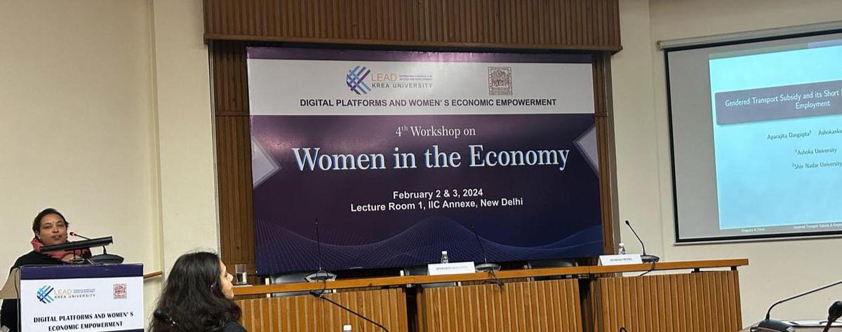 #AparajitaDasgupta talks about her paper 'Gendered Transport Subsidy and its Short-Run Effect on Female Employment: Evidence from Delhi’s Pink Pass Scheme'. The discussant for session is #ShabanaMitra #DPWEE 4th Workshop on #WomenMobility #FLFP #SDG5 <a href="/AshokaUniv/">Ashoka University</a> <a href="/ShivNadarUniv/">Shiv Nadar University, Delhi NCR</a>