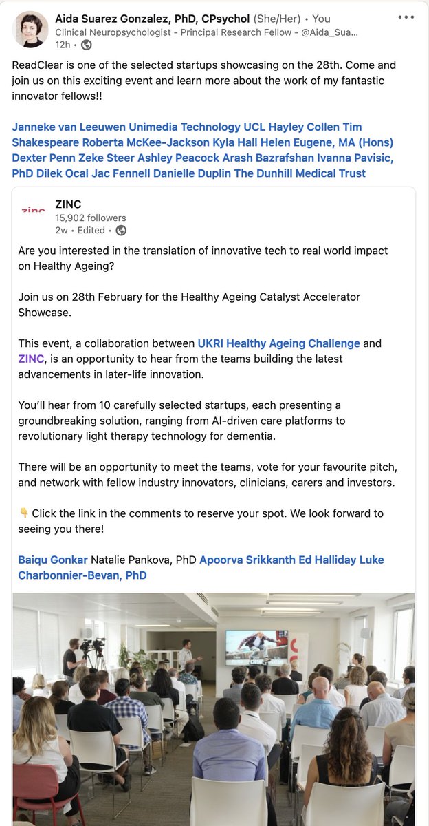 Aida_Suarez_'s tweet photo. 🎉ReadClear is one of the startups showcasing in the @HealthyAgeingUK @zincvc event on the 28th 🥳
I´ll be there with my product design & Tech Transfer team @cm_madla @UCL_Business @mindmodels @UnimediaCTO
#MadeatUCL by @UCLIoN @UCL_ICN @UCL_NT @RareDementia @DunhillMedical https://t.co/NGgF2zI8SU