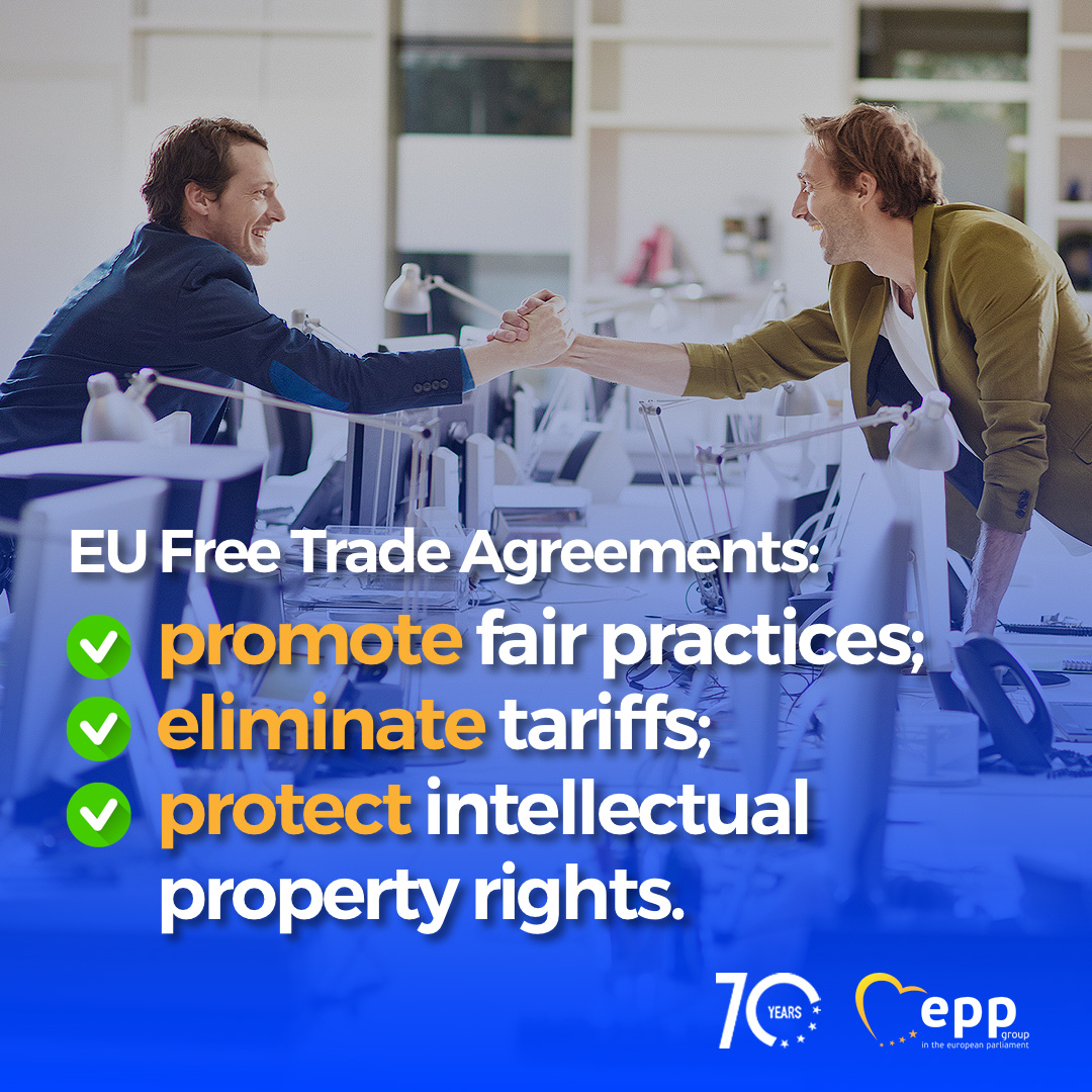 EPPGroup's tweet photo. Did you know that #EUFreeTrade Agreements drive growth by promoting fair trade practices, eliminating tariffs, protecting intellectual property rights and facilitating the development of diversified supply chains? 

It's a win-win for European businesses! 🌍 

#JobsJobsJobs https://t.co/XMveFzxSHG
