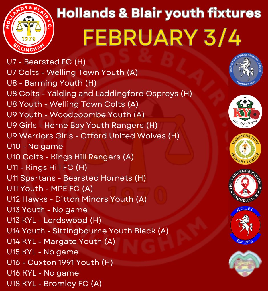 handbfcyouth's tweet photo. Good luck to all the @hollandsblairfc youth sides in action this weekend! @KentYouthLeague @KGLFL @PrimaryLge 🔴⚪️🔵🟡⚽️⚽️⚽️⚽️ https://t.co/3XFx5VjZcj