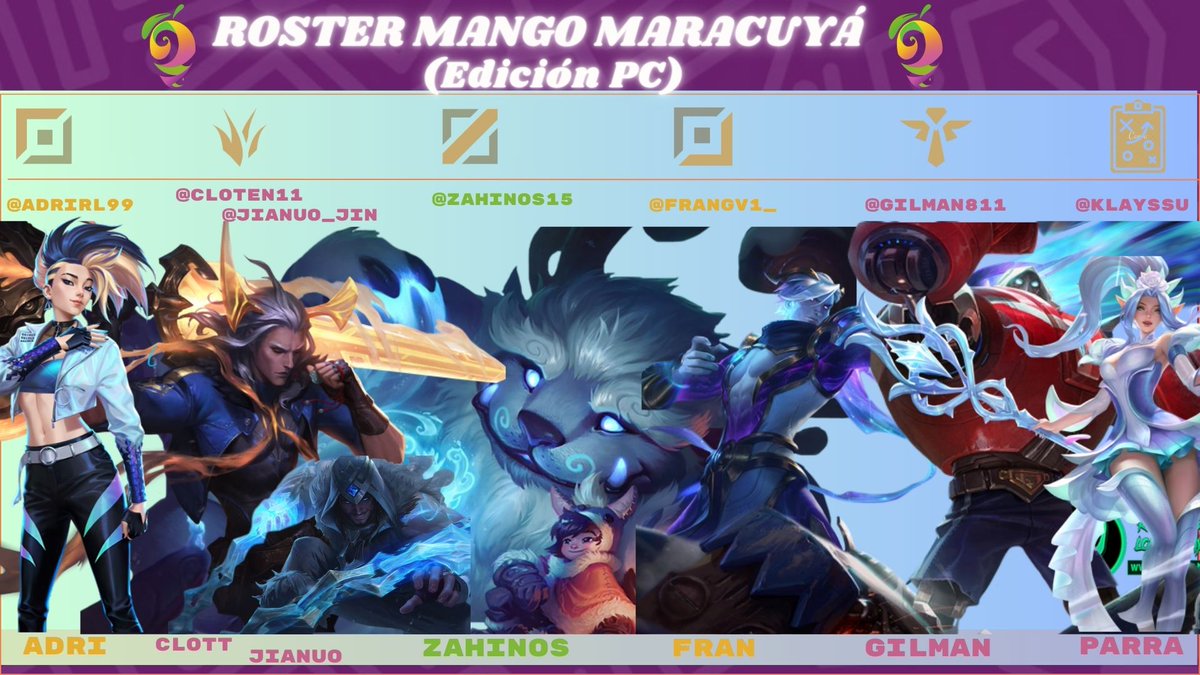 Mango_Esports_'s tweet image. @Therexvlr no nos ha metido en su tier lista.

Pero la #Maracuyeada también llega a PC.🥭

Bajo el nombre de Mango Maracuyá (LoL)  tenemos a:

Top: @Adrirl99

Jgl: @Cloten11

Jgl: @jianuo_jin

Mid: @zahinos15

ADC: @frangv1_

Sup: @gilman811

👔:  @klayssu