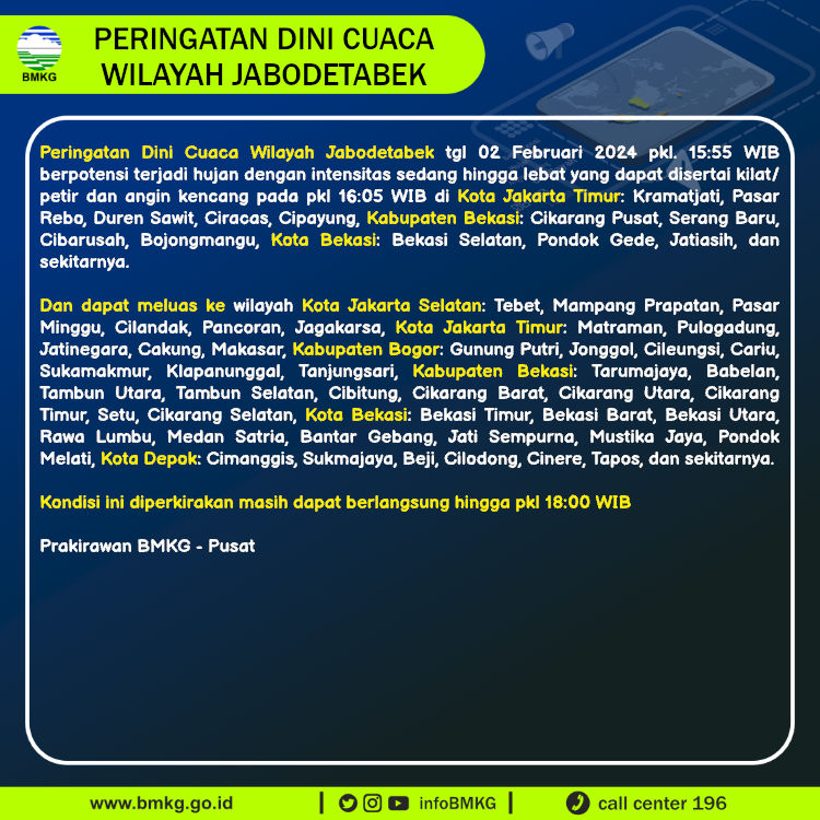 infoBMKG's tweet photo. Update Peringatan Dini Cuaca Wilayah - Jabodetabek Tgl. 02 Februari 2024 pkl. 16:05 WIB
Prakirawan - BMKG - Pusat
https://t.co/Tqqc02KowW https://t.co/k2faqgz2Gl