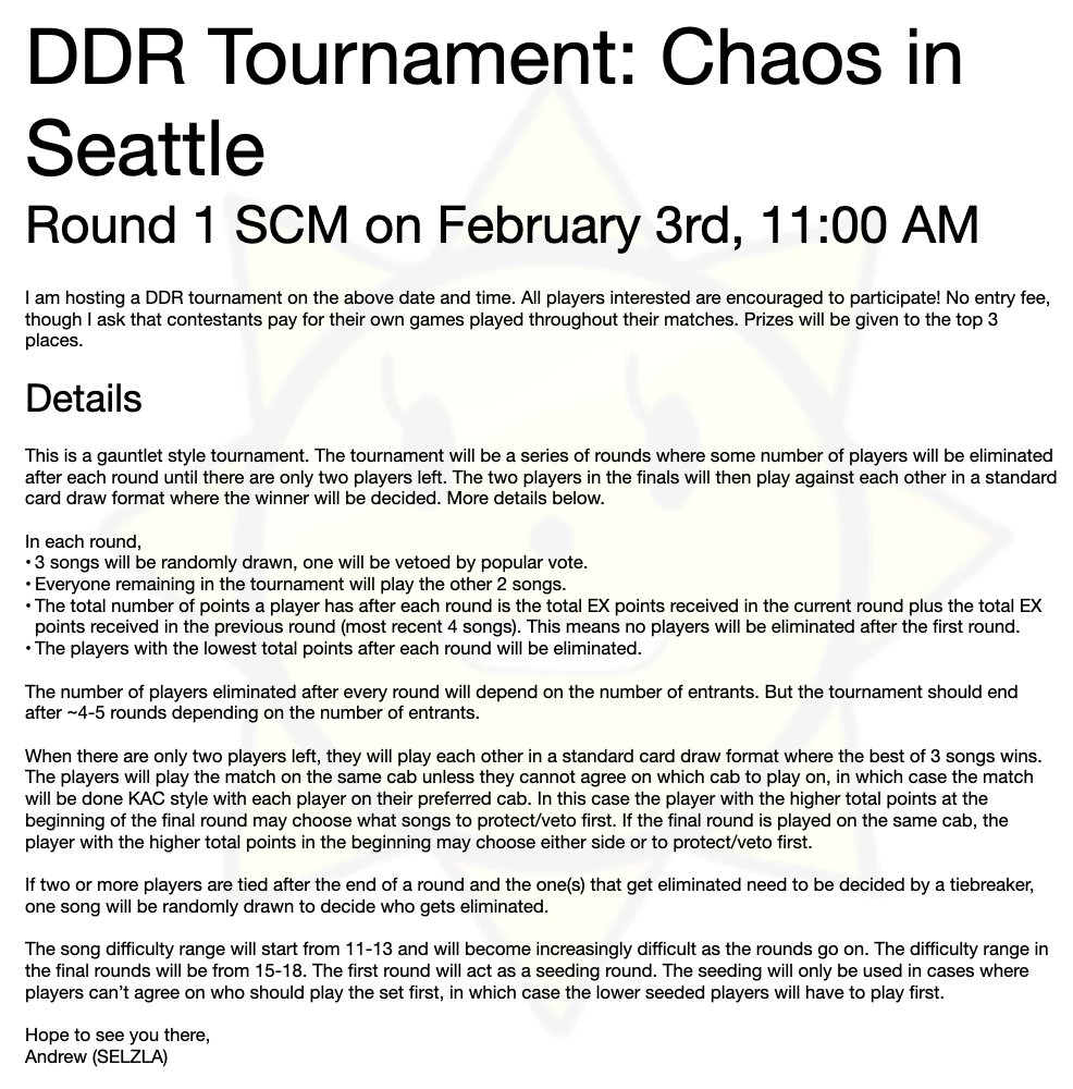 Just wanted to make a few revisions to the rules of the upcoming tourney for anyone curious/concerned, namely the way points are calculated at the end of each round and a few extra details about the final round, thanks